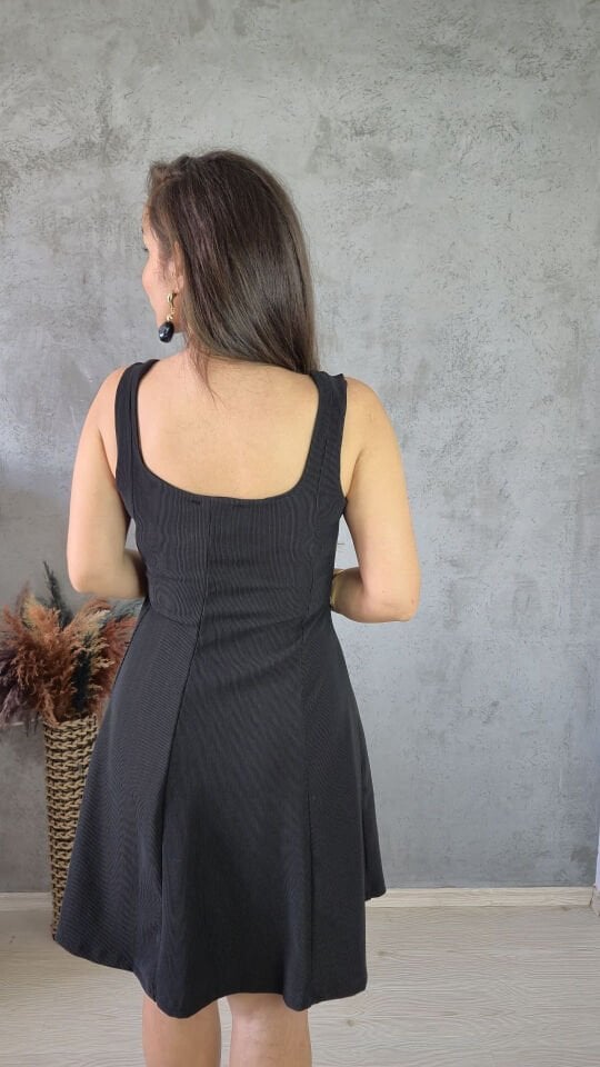 OTTOMAN KUMAŞ KARE YAKA ELBİSE SİYAH