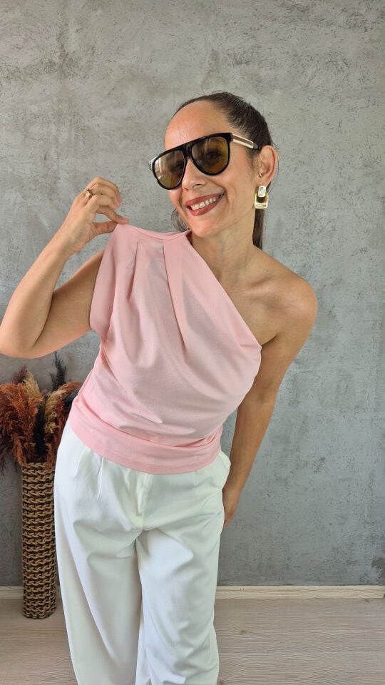 Likralı Drapeli Tek Omuz Tasarım Bluz Pembe