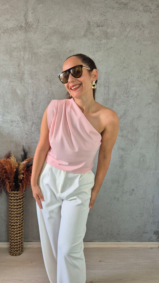 Likralı Drapeli Tek Omuz Tasarım Bluz Pembe
