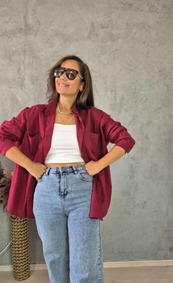 Oversize Cepli Rahat Kalıp Kadın Gömlek BORDO