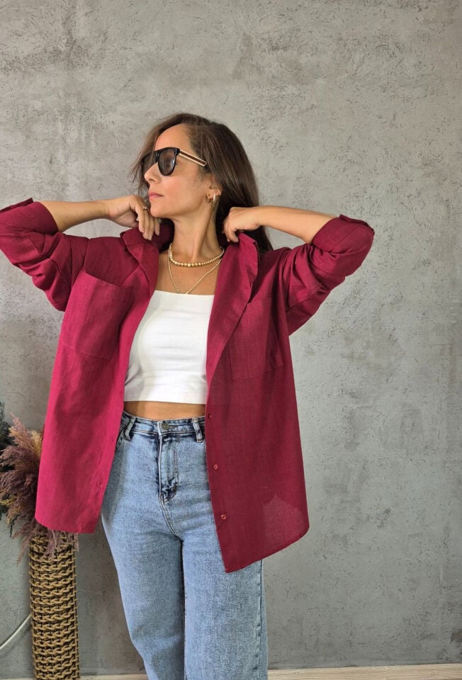 Oversize Cepli Rahat Kalıp Kadın Gömlek BORDO