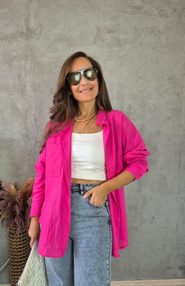 Oversize Cepli Rahat Kalıp Kadın Gömlek FUŞYA