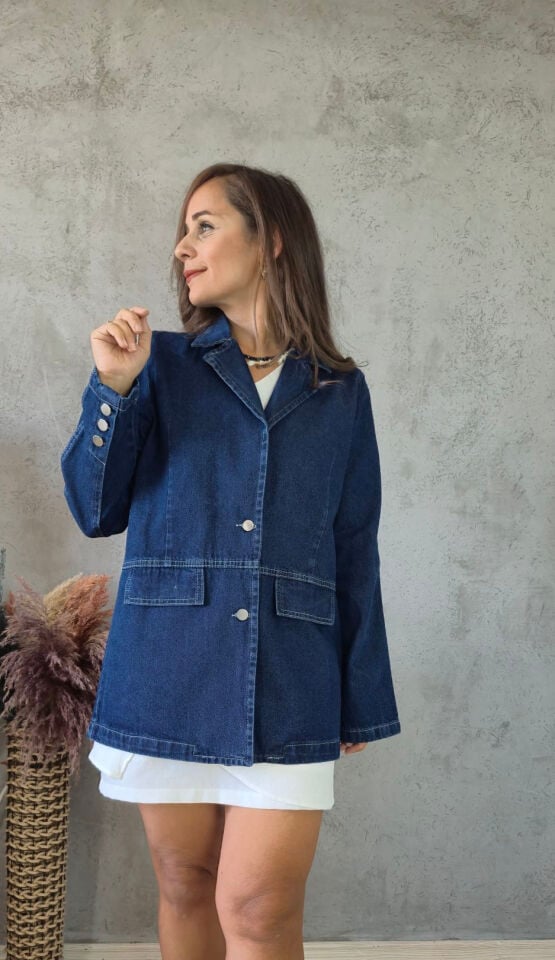Vatkalı Rahat Kalıp Denim Blazer Ceket