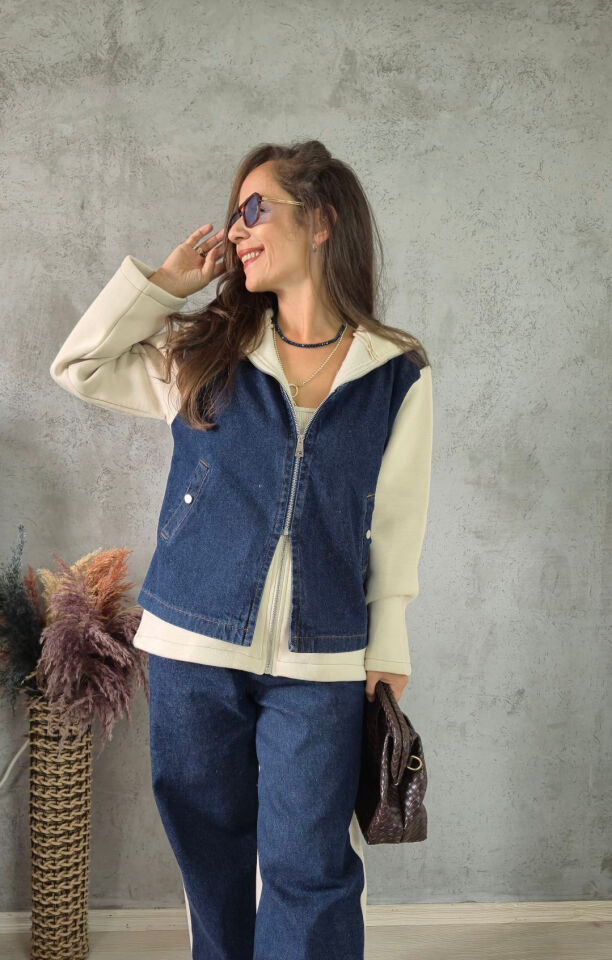 Denim Yelek Görünümlü 3 İplik İçi Şardonlu Kapüşonlu Takım