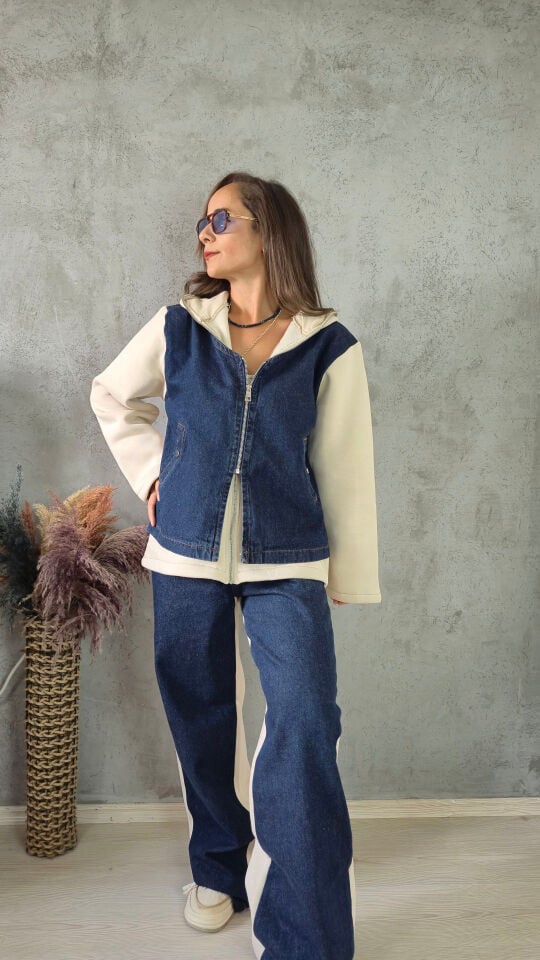 Denim Yelek Görünümlü 3 İplik İçi Şardonlu Kapüşonlu Takım