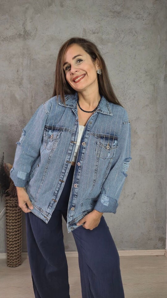 Taşlı Mavi Kot Ceket