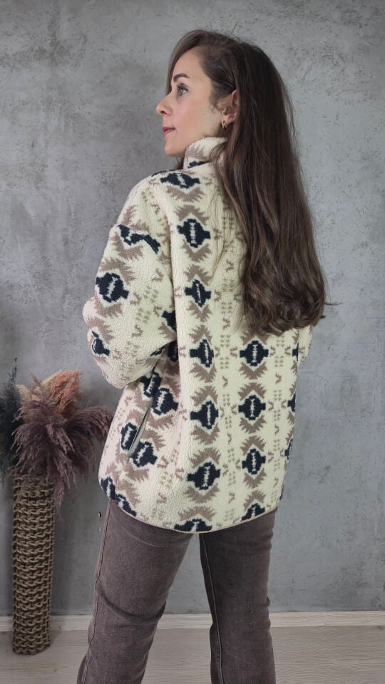 Etnik Desenli Oversize Fermuarlı Peluş Sweat