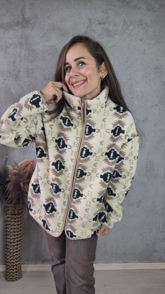 Etnik Desenli Oversize Fermuarlı Peluş Sweat