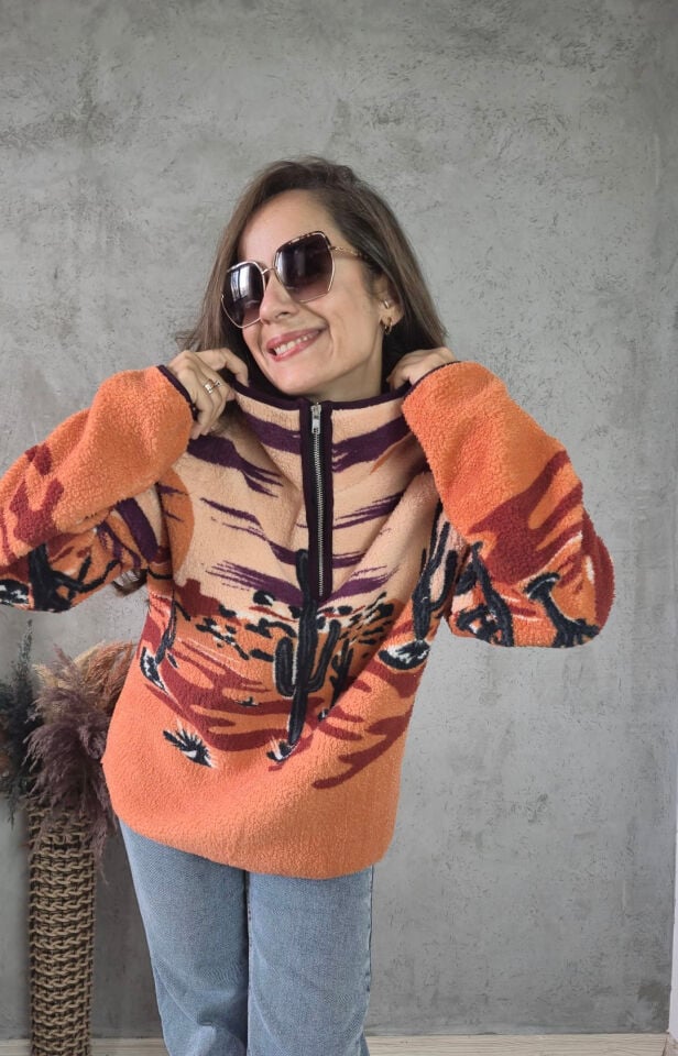 Turuncu Yarım Fermuarlı Çöl Desenli Oversize Peluş Sweatshirt