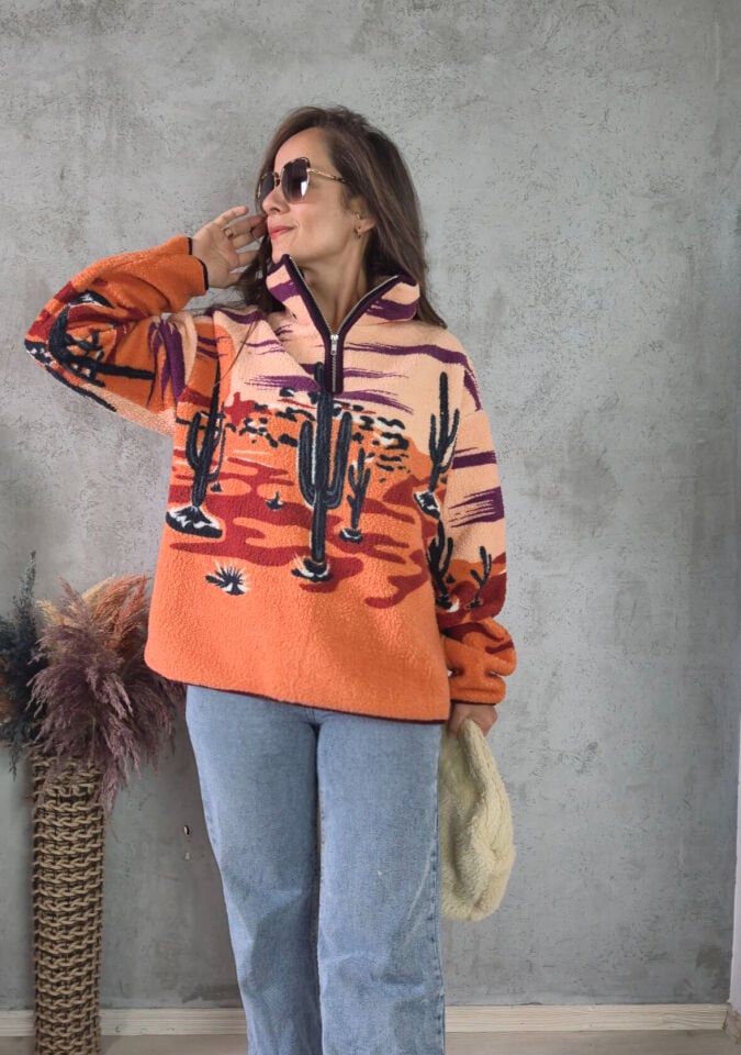 Turuncu Yarım Fermuarlı Çöl Desenli Oversize Peluş Sweatshirt